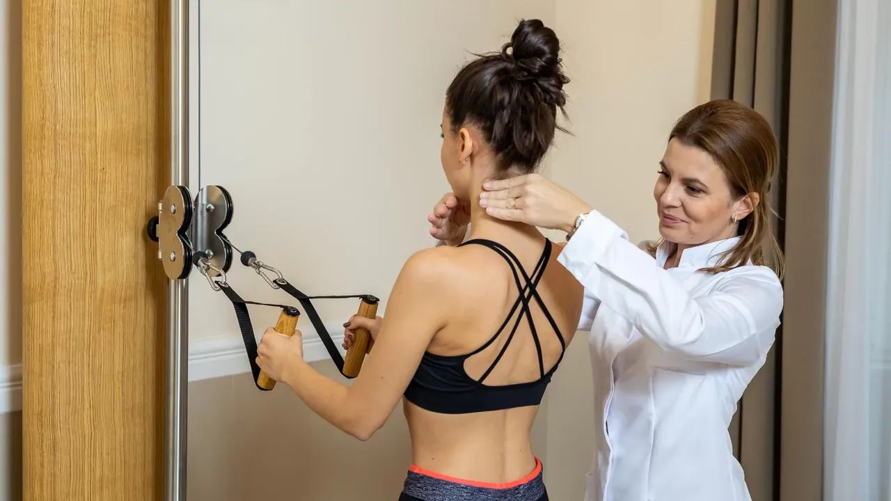 Gyógytornász a vállat és a nyakat igazítja felfüggesztő hevederes gyakorlat közben