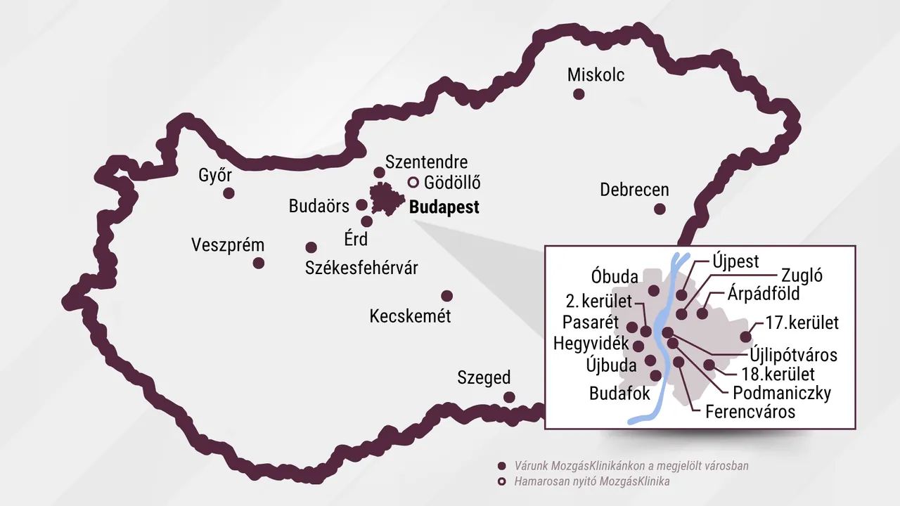Magyarország térképe a MozgásKlinika rendelőivel, külön kinagyítva a budapesti rendelők