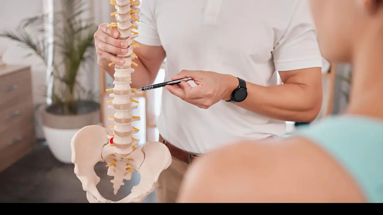 Terapeuta egy gerincmodellen magyarázza el a páciensnek a gerinc felépítését
